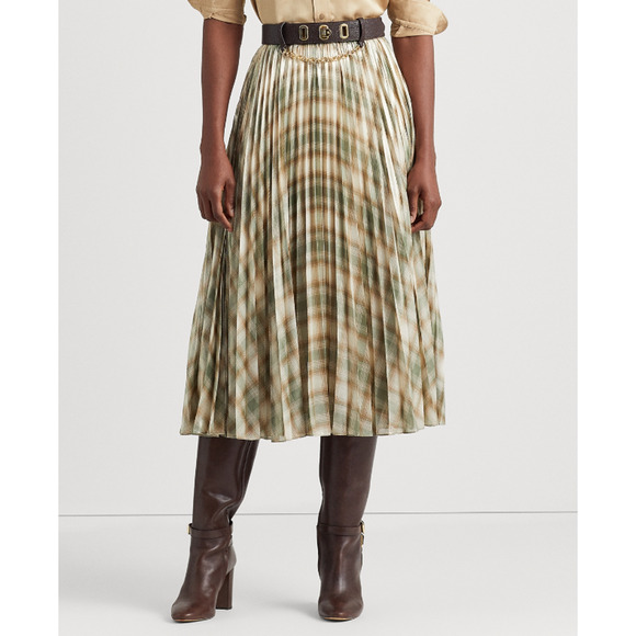 Lauren Ralph Lauren Plaid Pleated Metallic Georgette Skirt Cream Olive Size 10